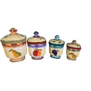 Set of 4 Medici‎ Hand-painted Ceramic Canisters w/ Lids Fruit & Scroll Pattern
